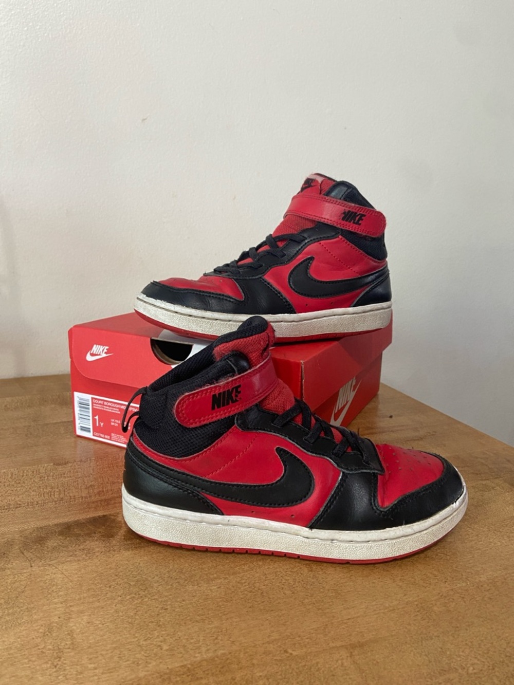 Nike Kids Court Borough Mid 2 High-Top Sneakers in Red and Black with box